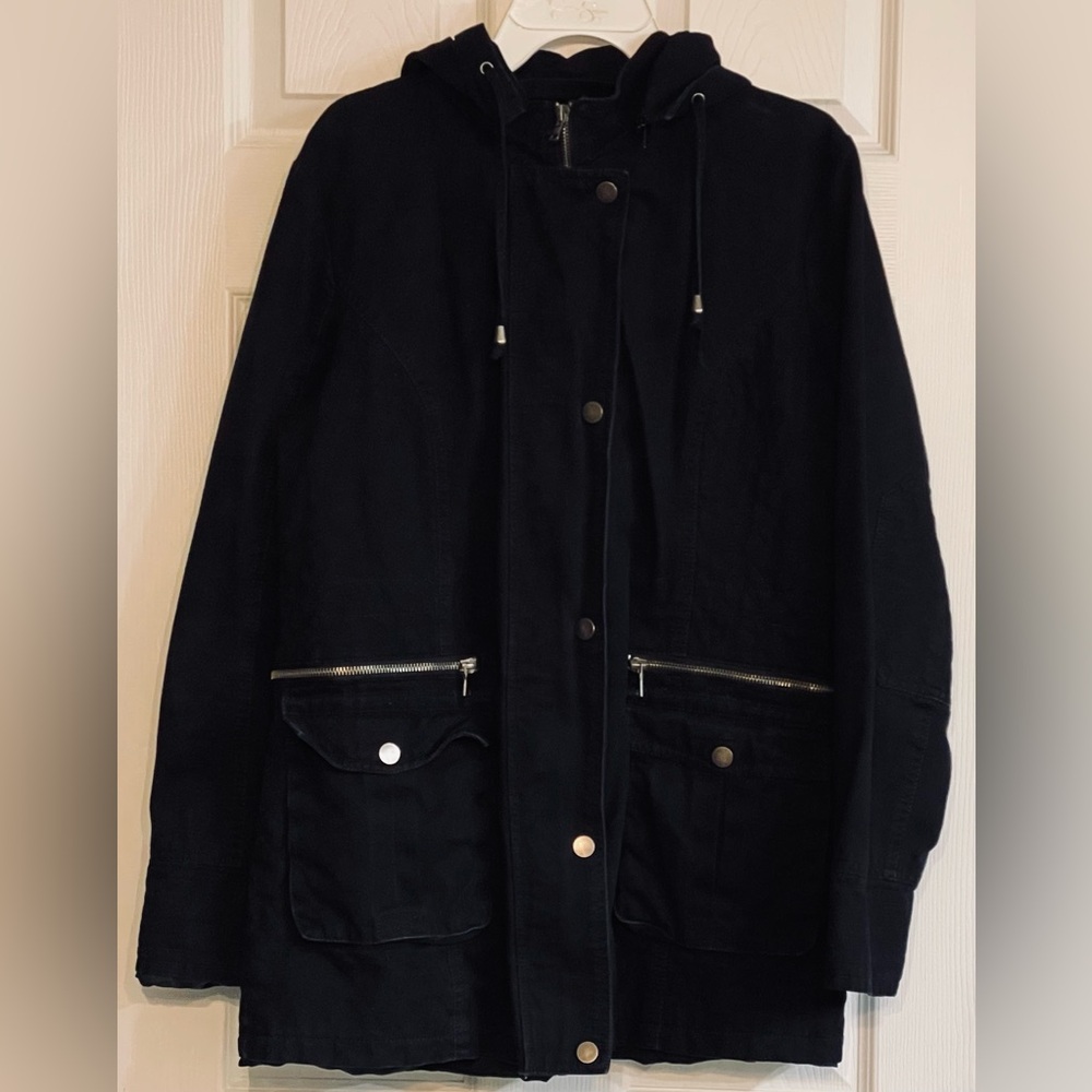 Coalition LA Black Hooded Mid Length Military Cotton Jacket Women’s Size Large